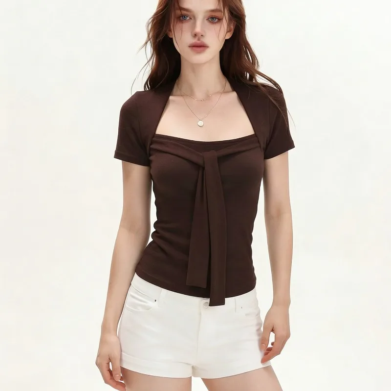 Womens Square Neck Short Sleeve Knit Top With Detachable Tie Slim Fit Casual Blouse