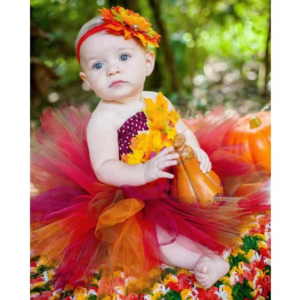 Fall Autumn Girl Tutu Dress Baby Toddler Brown Leaf Birthday Party Role Play Dress Up 0-9Y Kids Halloween Thanksgiving Costumes