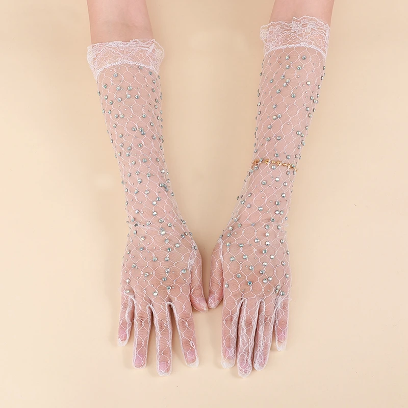 Luvas longas na moda para mulheres, malha brilhante, diamante, fio sexy, strass, acessórios de Halloween, casamento, festa noturna