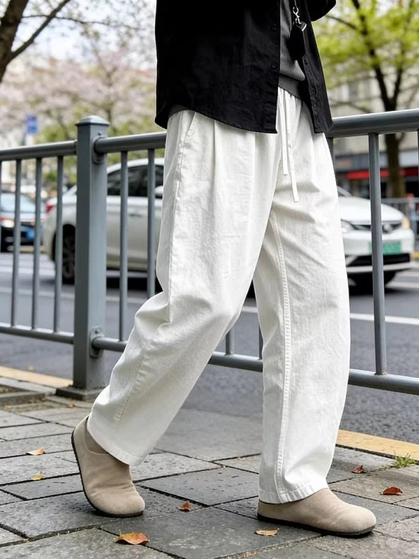 Retro White Linen Men's Summer Casual Pants Thin Quick Dry Harlan Style Loose Fit Straight Leg American Casual Fashion