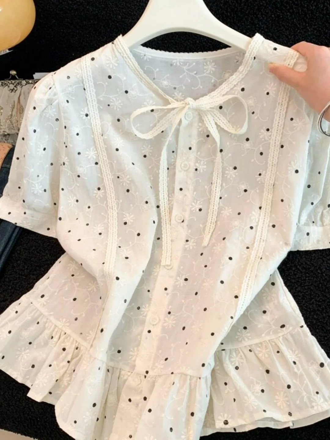 

Slim Fit Polka Dot Short Sleeve Shirt Women's Summer Sweet Style Belted Blouse Floral Lace Hemline Casual Wear Polyester Fiber