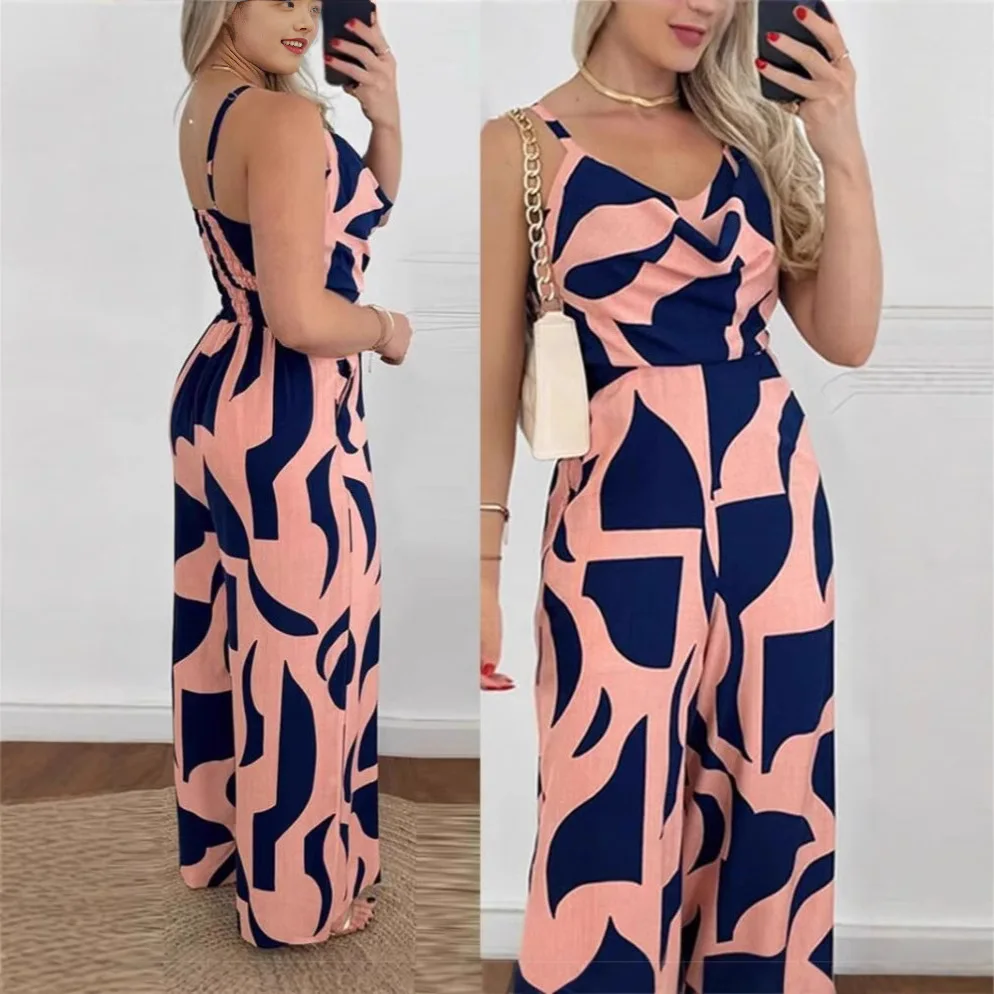 

Women's Summer Fashion Elegant Strap Backless Rompers Vintage Sleeveless Waist Cinching Wide Leg Jumpsuit