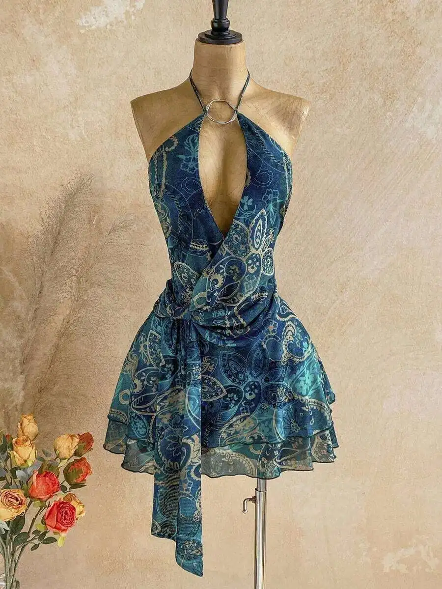 

Womens Retro Paisley Print Halter Mini Dress Boho Beach Vacation Dress