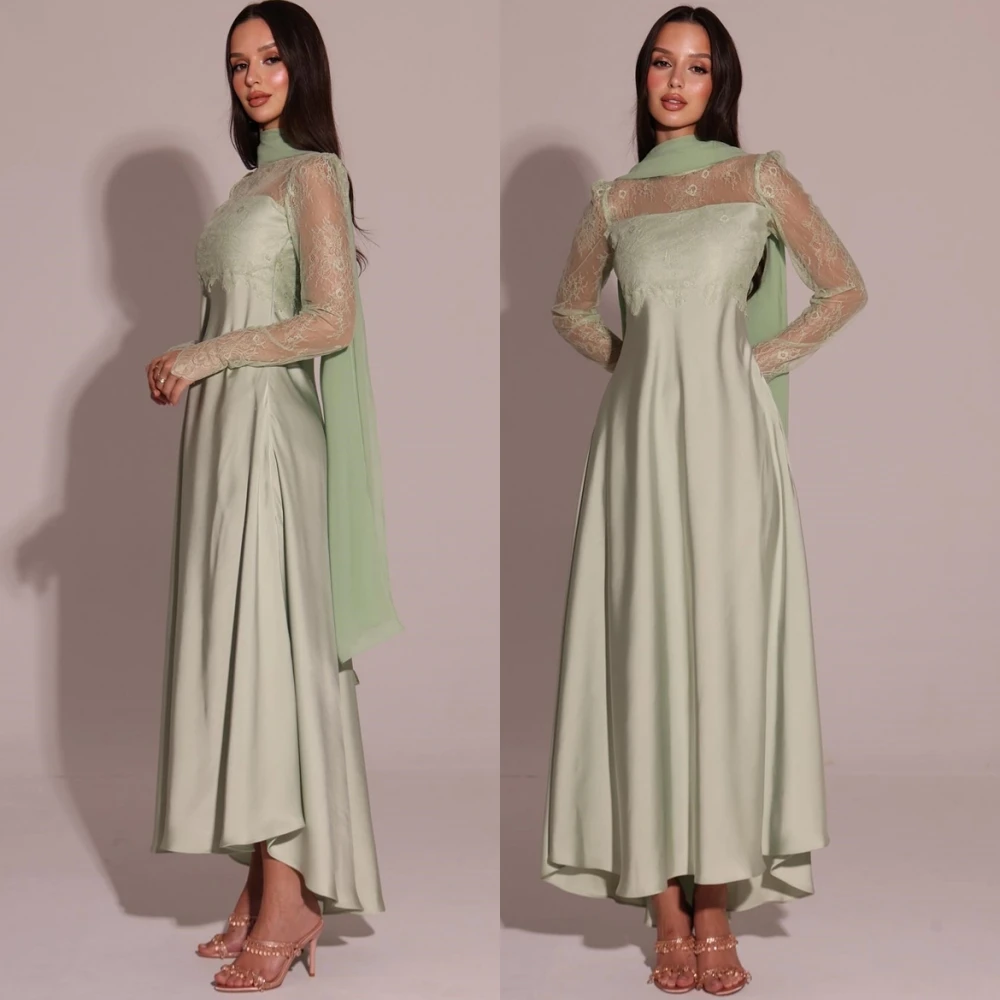 

Индивидуальное высококачественное атласное вечернее платье с высоким воротником, элегантное платье для выпускного вечера с длинными рукавами, классические кружевные платья для особых случаев