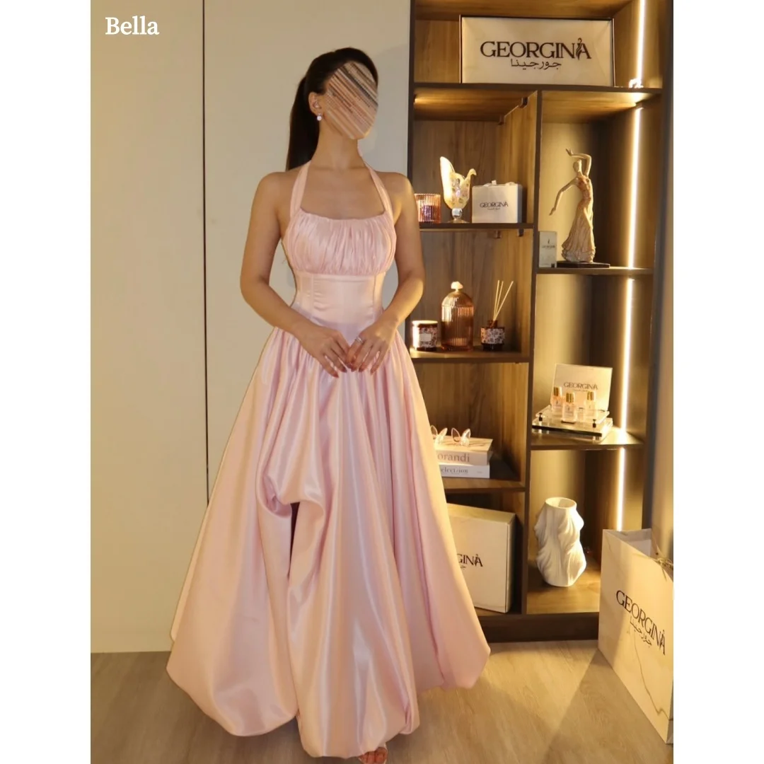 

Bella Customized Robes De Soirée Party Dresses Halter Neck Prom Dress Pink Satin Evening Gown For Women Formal Occasions 2026