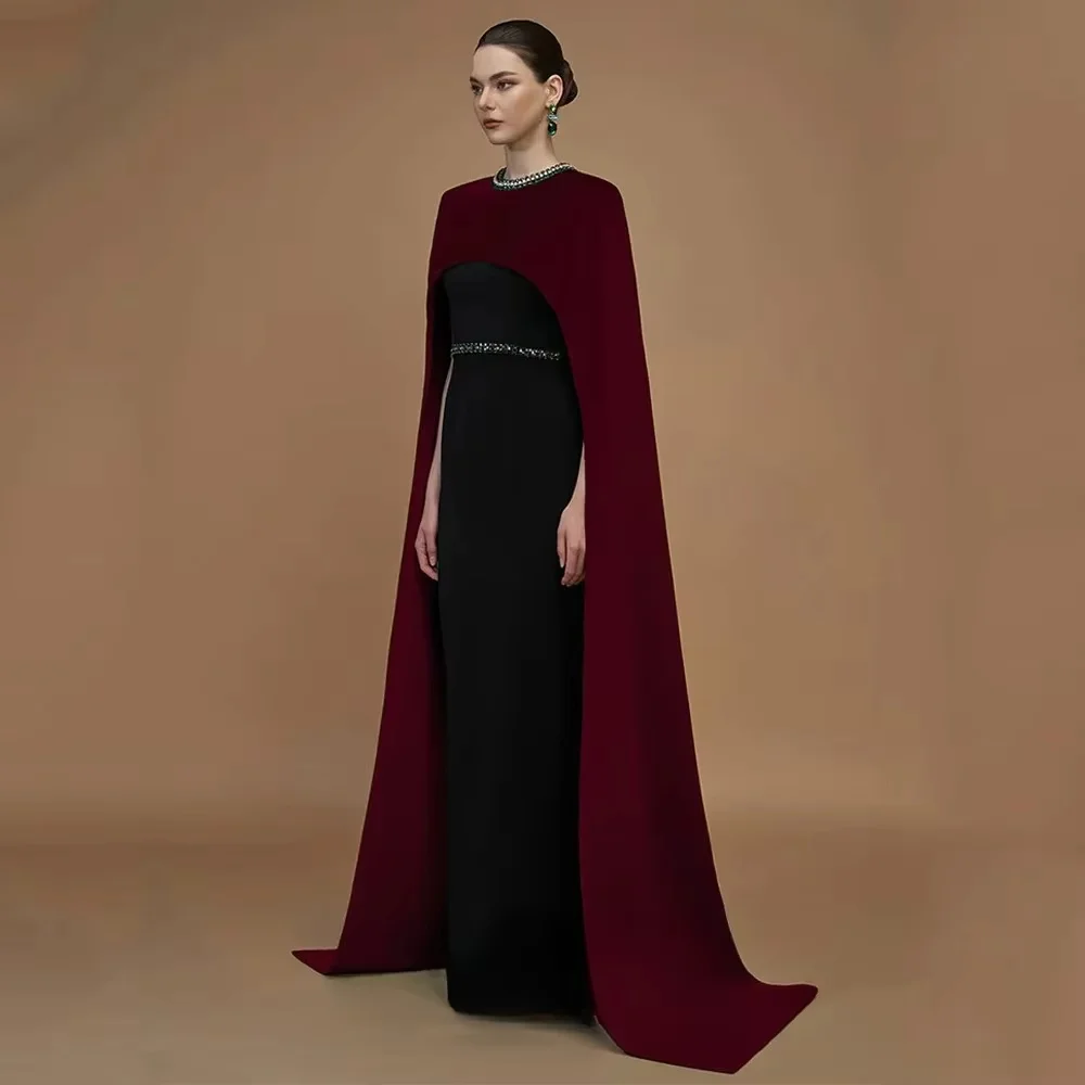 Luxury modest evening gown with matching floor-length cape. Elegant solid formal dress, slim fit design, custom size available.