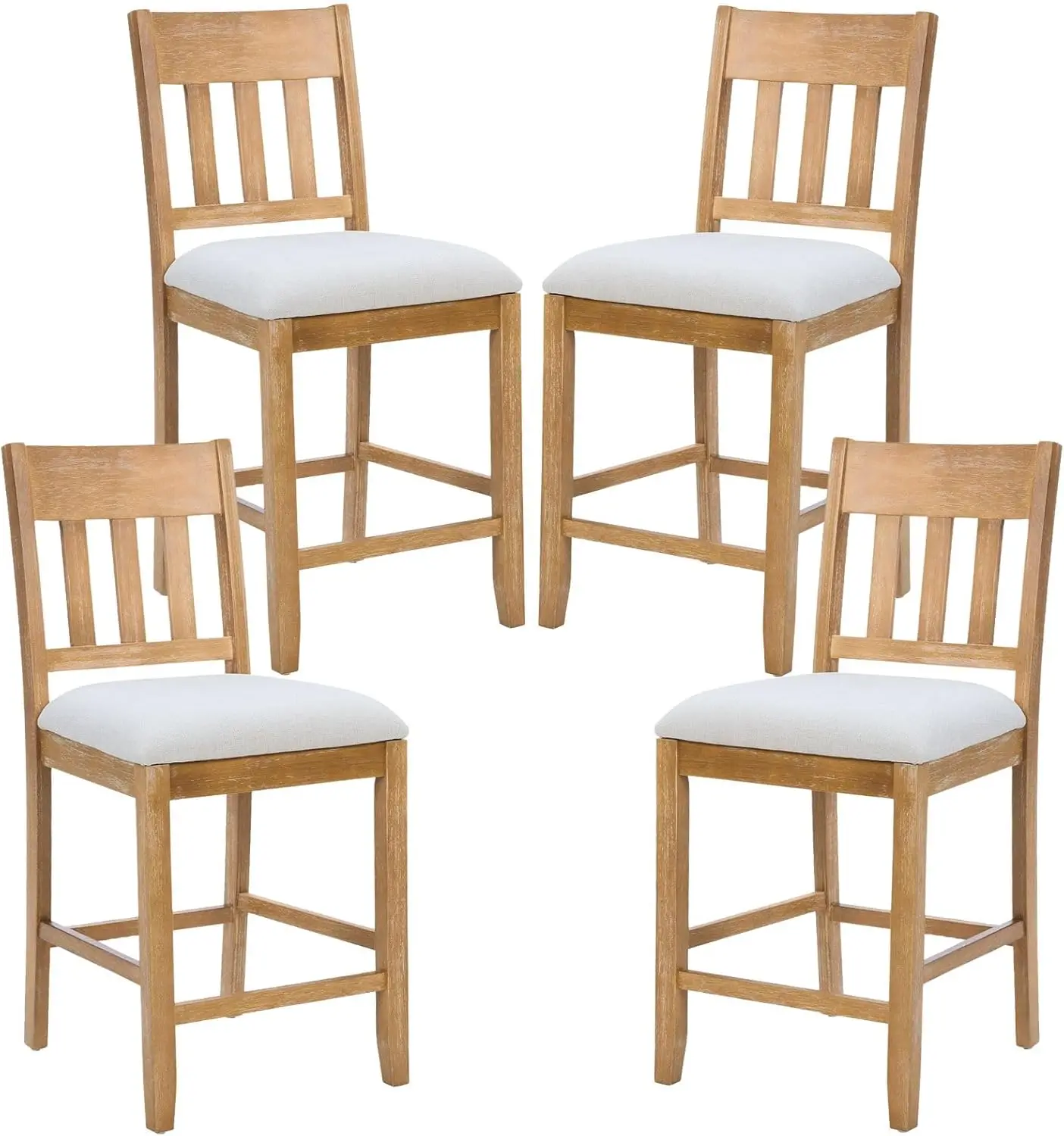 

Farmhouse Bar Stools Set Of 4, 26"" Upholstered Linen Fabric Counter Height Stools Solid Wood Kitchen Island Chairs With Padded