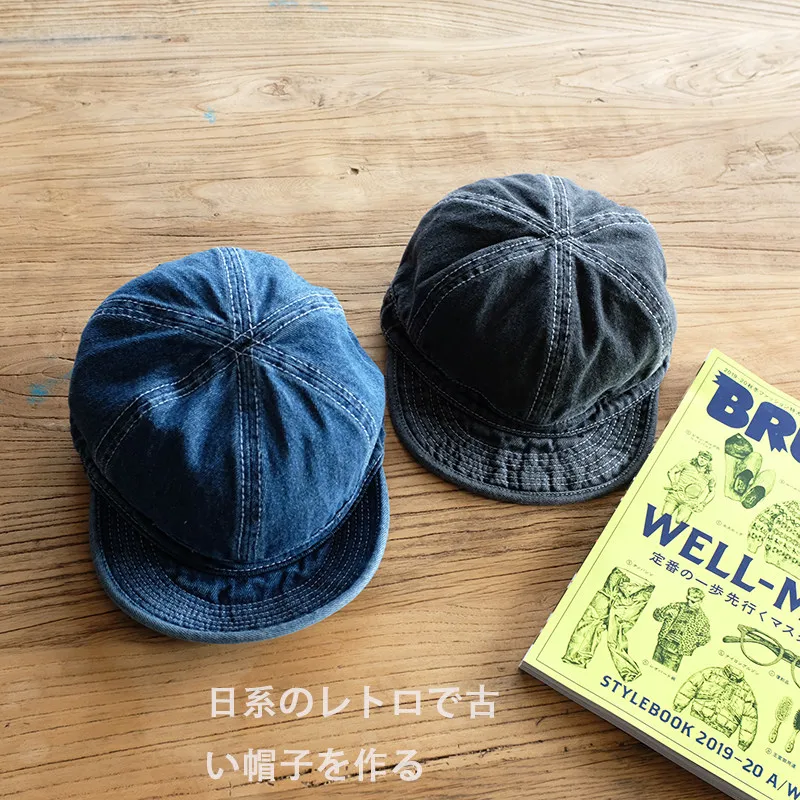 Vintage Japanese Washed Denim Blue Cap 100% Cotton Round Crown Short Brim Baseball Hat Unisex Breathable Comfortable Dad Cap