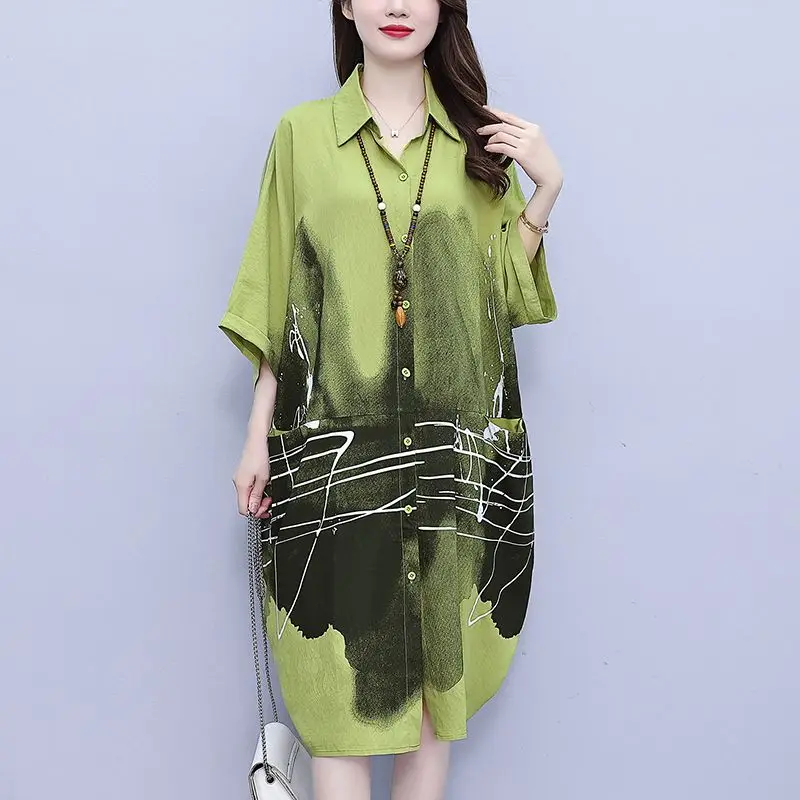 Female Clothing Fashion Ink Painting Shirt 2023 Spring Summer Casual Loose Pockets Single-breasted Commute Polo-Neck Midi Blouse