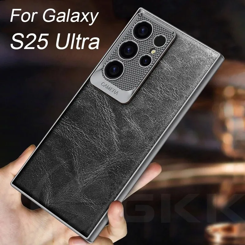 

Luxury Oil Wax Leather Case SuitableFor Samsung Galaxy S25 S24 S23 Ultra Plating Camera Protective S25Ultra Slim Hard Cover Case