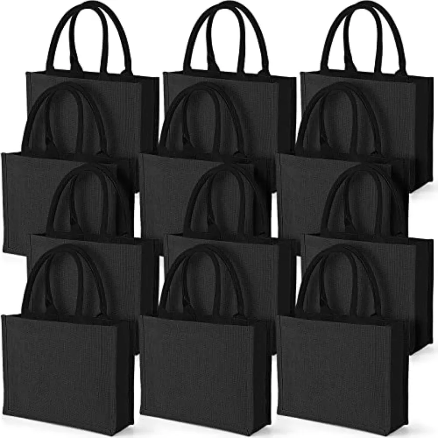

12 Packs Black Burlap Tote Bags Jute Tote Wedding Bridesmaid Welcome Grocery Burlap Gift Bags with Handles Bulk Blank Shopping
