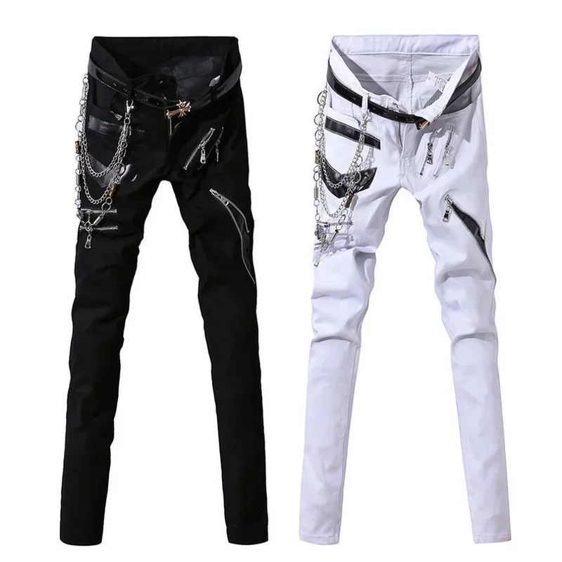 

Men Hip Hop Jeans With Chain Patchwork Punk Gothic Party Stage Multi Zippers Leather Performance Pants For Man