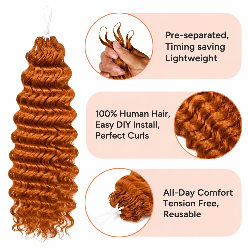 350 Ginger Orange Deep Wave Miracle Knots Feather Crochet Human Hair Knotless Invisible Pre Separated Braids Hair Extensions