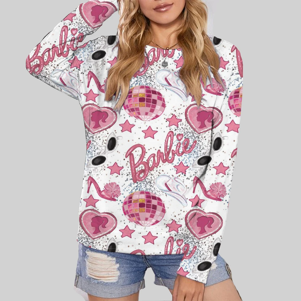 

2024 Women's New Sweatshirt Sweatshirt Pullover Barbie Cartoon Spring and Autumn Casual Loose Printed Round Neck Top Gift