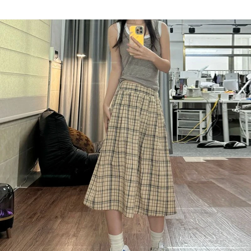 

Лето 2022, винтажная клетчатая юбка, женская плиссированная трапециевидная юбка с высокой талией, свободные повседневные юбки-миди в консервативном стиле, универсальные Faldas
