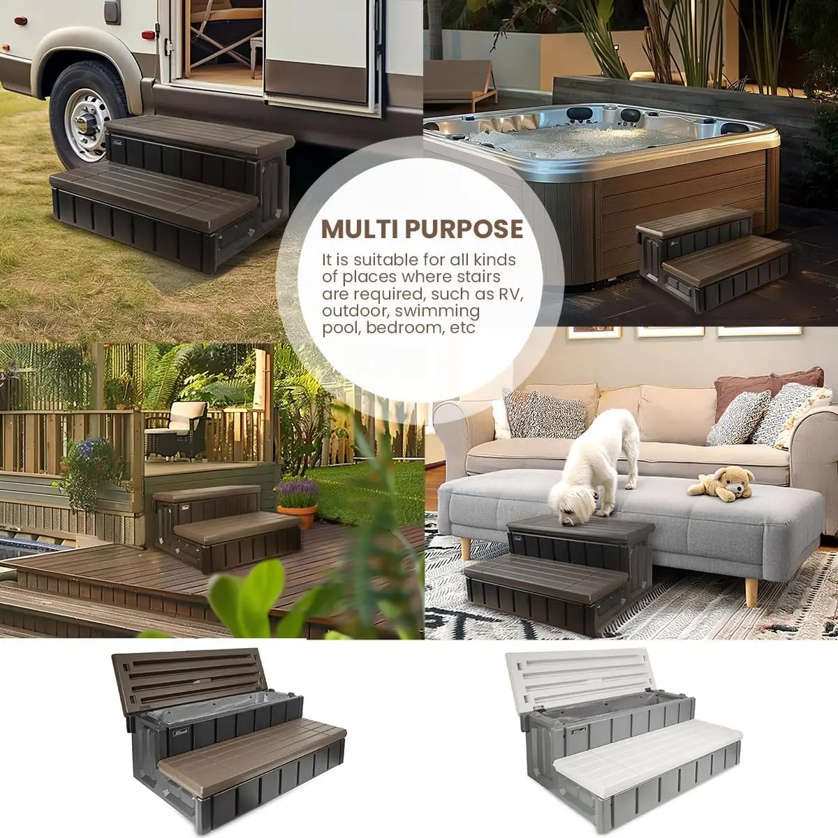 Two Tier Hot Tub Steps With Storage Non Slip Pool Step Ladder Outdoor Spa Steps Waterproof Fully Sealed Entry Stairs For Spa Patio Deck Backyard,