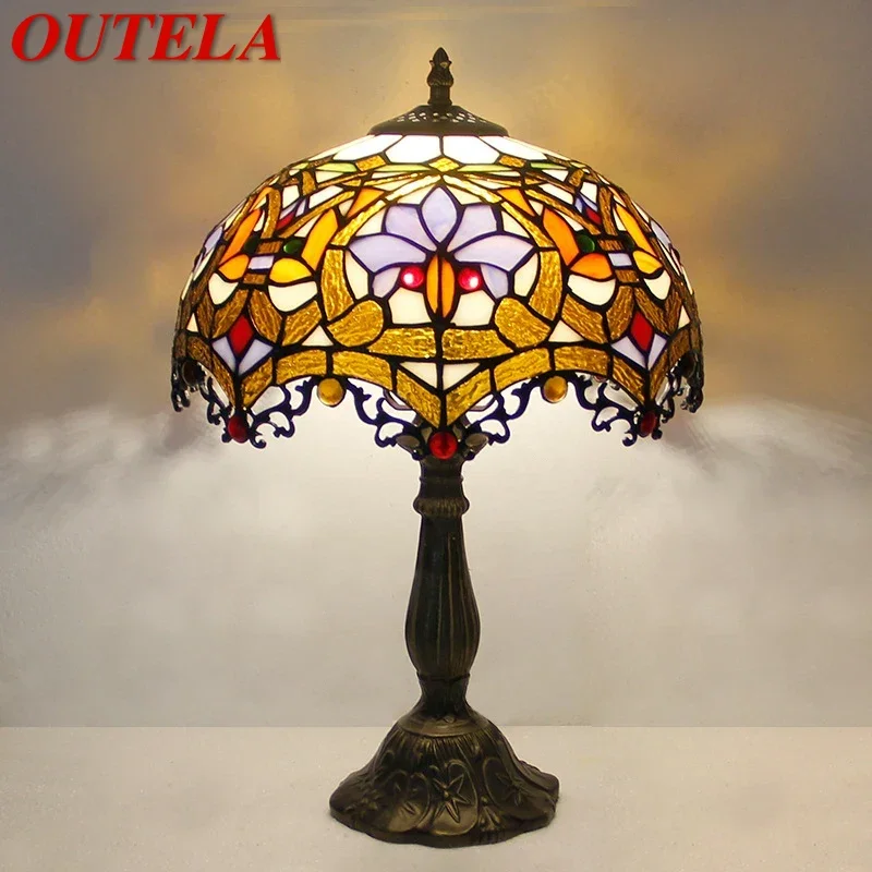 

OUTELA Настольная лампа Тиффани, светодиодная роскошная креативная лампа для гостиной, кабинета, спальни, прикроватная лампа, вилла, отель, цветное стекло, настольный светильник