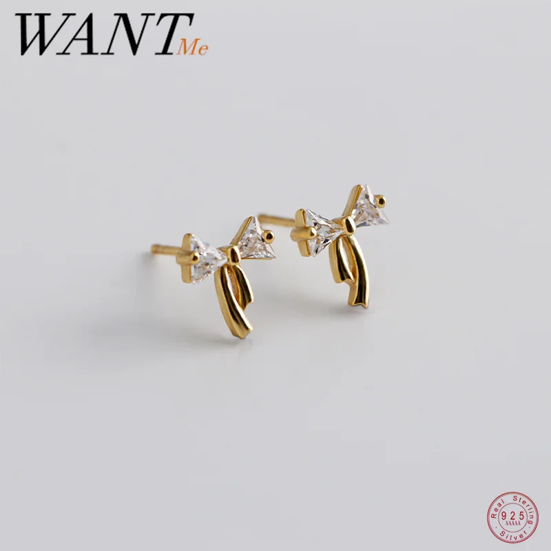 WANTME 925 Sterling Silver Sweet Bow Girl Ear Bone Piercing Stud Earrings for Women Fashion Romantic Birthday Party Jewelry Gift