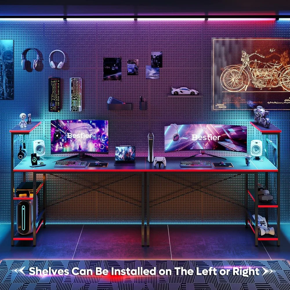 مكتب ألعاب بإضاءة LED مقاس 51.3 بوصة مع أرفف قابلة للعكس مكونة من 4 طبقات وحقيبة تخزين جانبية #4