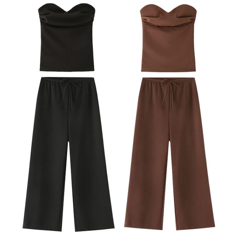 HXAO Conjuntos de pantalones con volantes Conjunto de dos piezas para mujer Conjunto de top de tubo sin tirantes y espalda descubierta Traje elegante con cordones Pantalones de pierna ancha Conjuntos de trajes