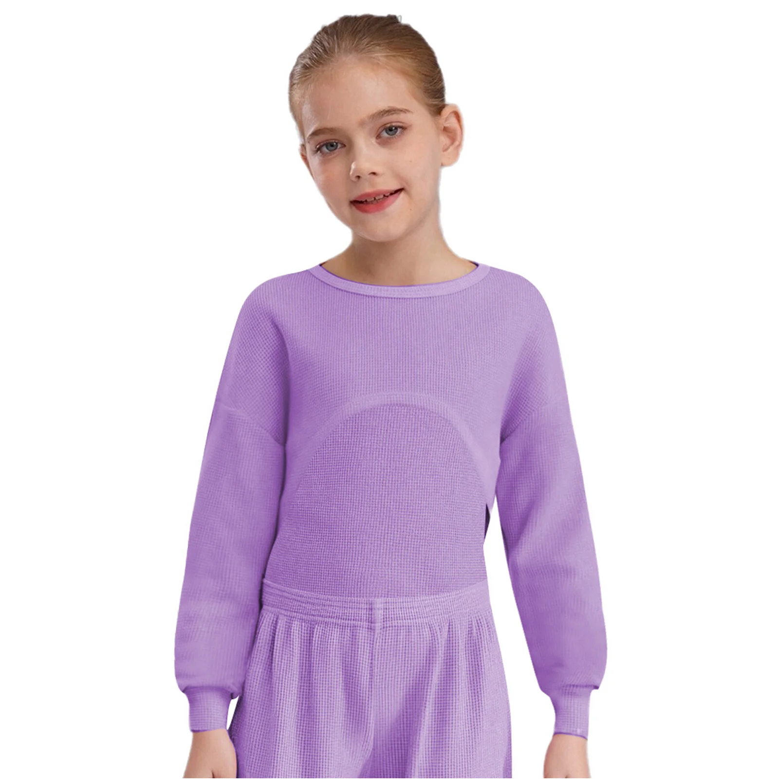 

Kids Girls Sweatshirt Crop Top Waffle Solid Color Round Neck Long Sleeve Pullover for Picnic Park Sport Holiday Casual Clothes
