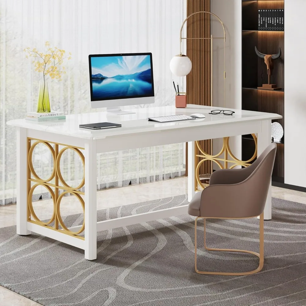 Executive Desk, Modern Office Desk with Glossy Surface, Large Computer Desk for Home Office, Conference Table for Meeting Room