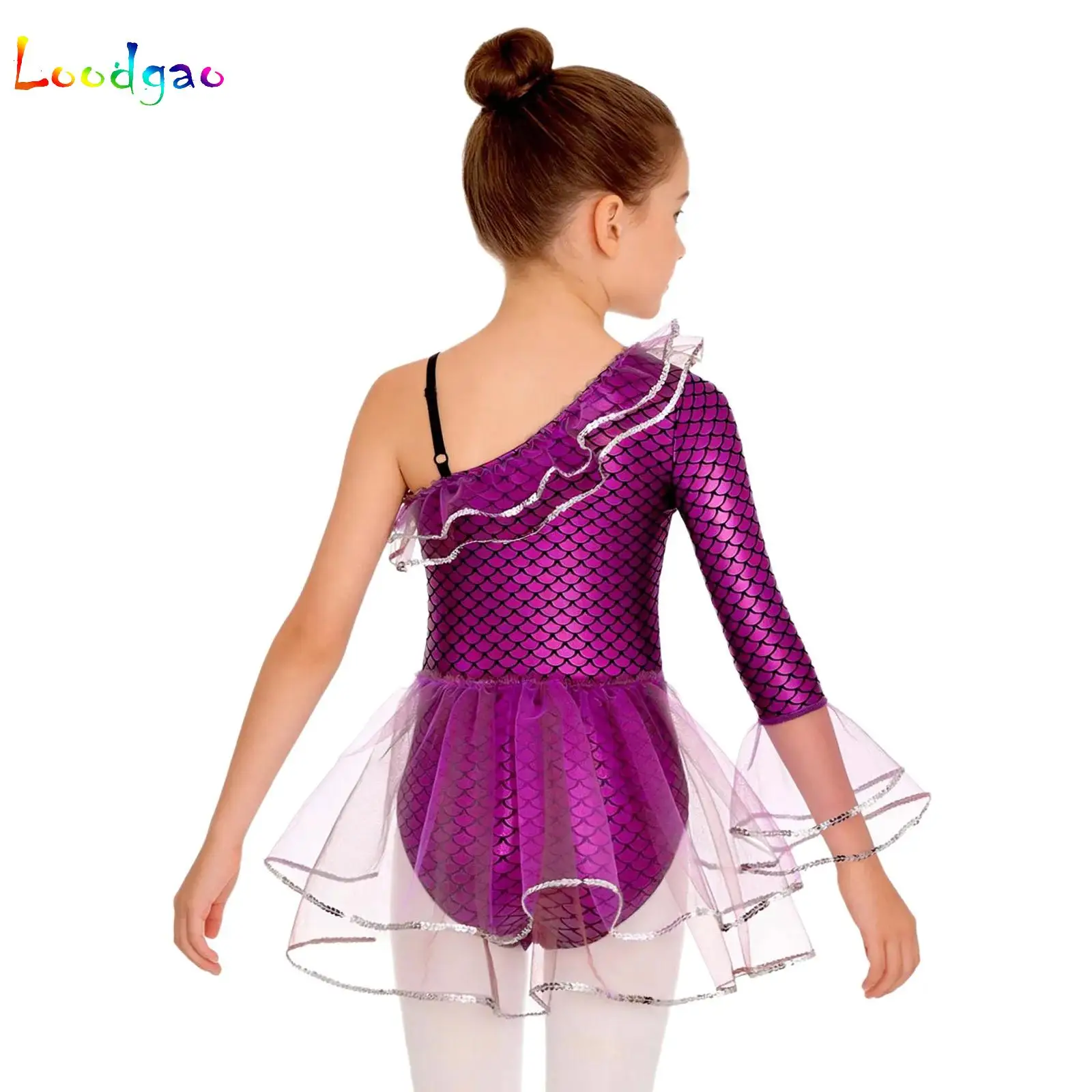 

Kids Girls Fish Scales Print Mesh Ballet Tutu Dance Bodysuit Dress Halloween Mermaid Princess Cosplay Costume for Carnival Party