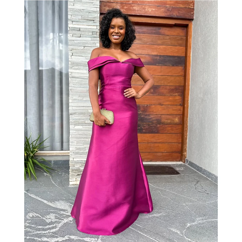 

Bowith Off the Shoulder Evening Dresses 2025 Fuchsia Customized Long Prom Dresses A-Line Satin Simple Party Dresses