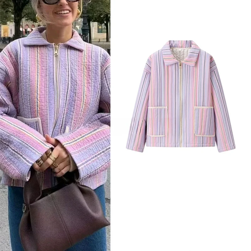 Nouveau automne femmes banlieue Sle Long Sve ample coton Jaet avec col imprimé ket décontracté Faion vêtements d'extérieur