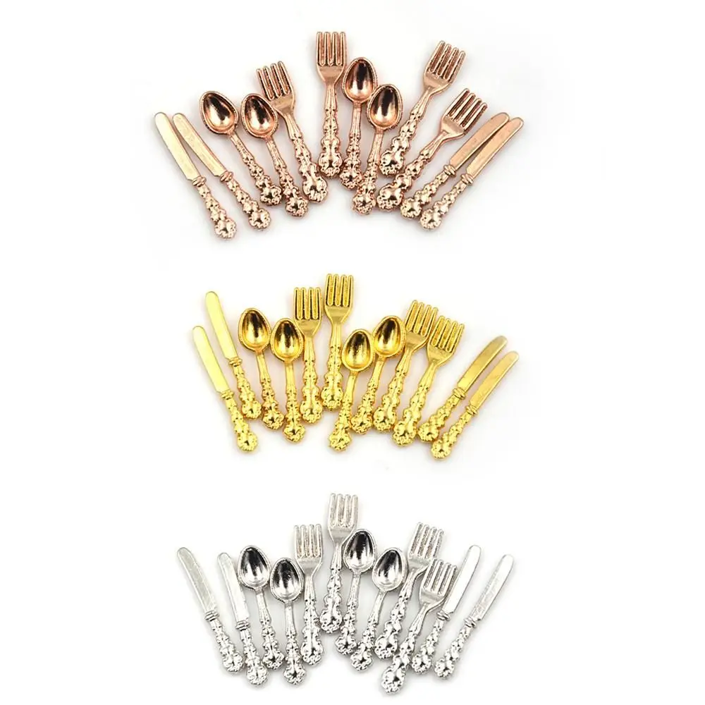 12PCS Metal Kitchen Dollhouse Furniture  Accessory Simulation Mini Cutlery Miniature Cookware Fork Knife Spoon