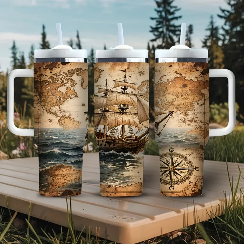 Vintage Nautical Map Sailboat Compass Print 40Oz Tumbler with Handle, Suitable for Both Hot And Cold Drinks, Great for Outdoor Travel Camping Hiking And Daily Use