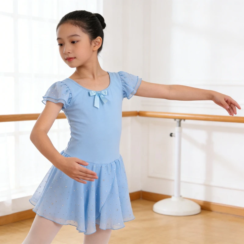 

Sweet Girls' Ballet Dress Short Sleeve Ruffled with Sparkling Sequin Kids' Ballerina Outfit for Dance Recital Performances