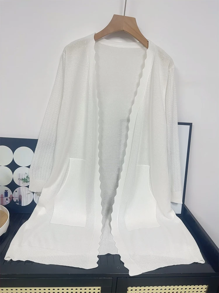 High Quality Ice Silk Knitted Mid Length Cardigan for Women's Summer Thin Sun Protection Top Paired with Shawl Jacket