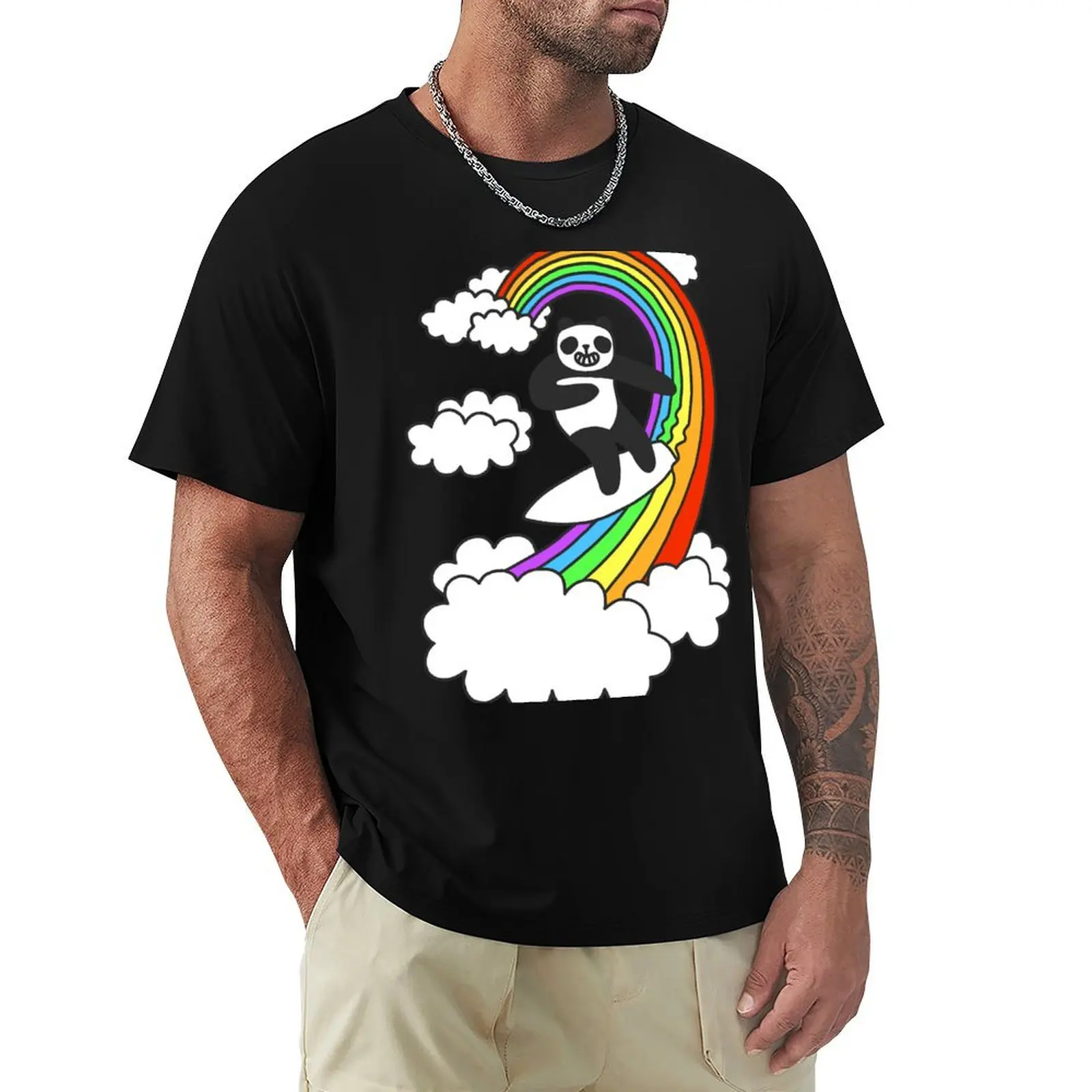 Pandas Surf Rainbows T-Shirt Simple Print Design T-Shirt
