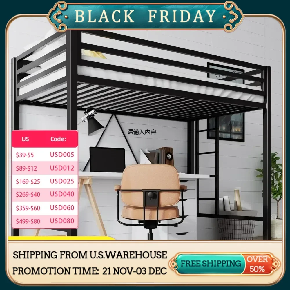 Small Loft Bed Twin Size with Full Length Guardrail and Removable Staircase, No Noise, Space Saving, No Springs Required, Black