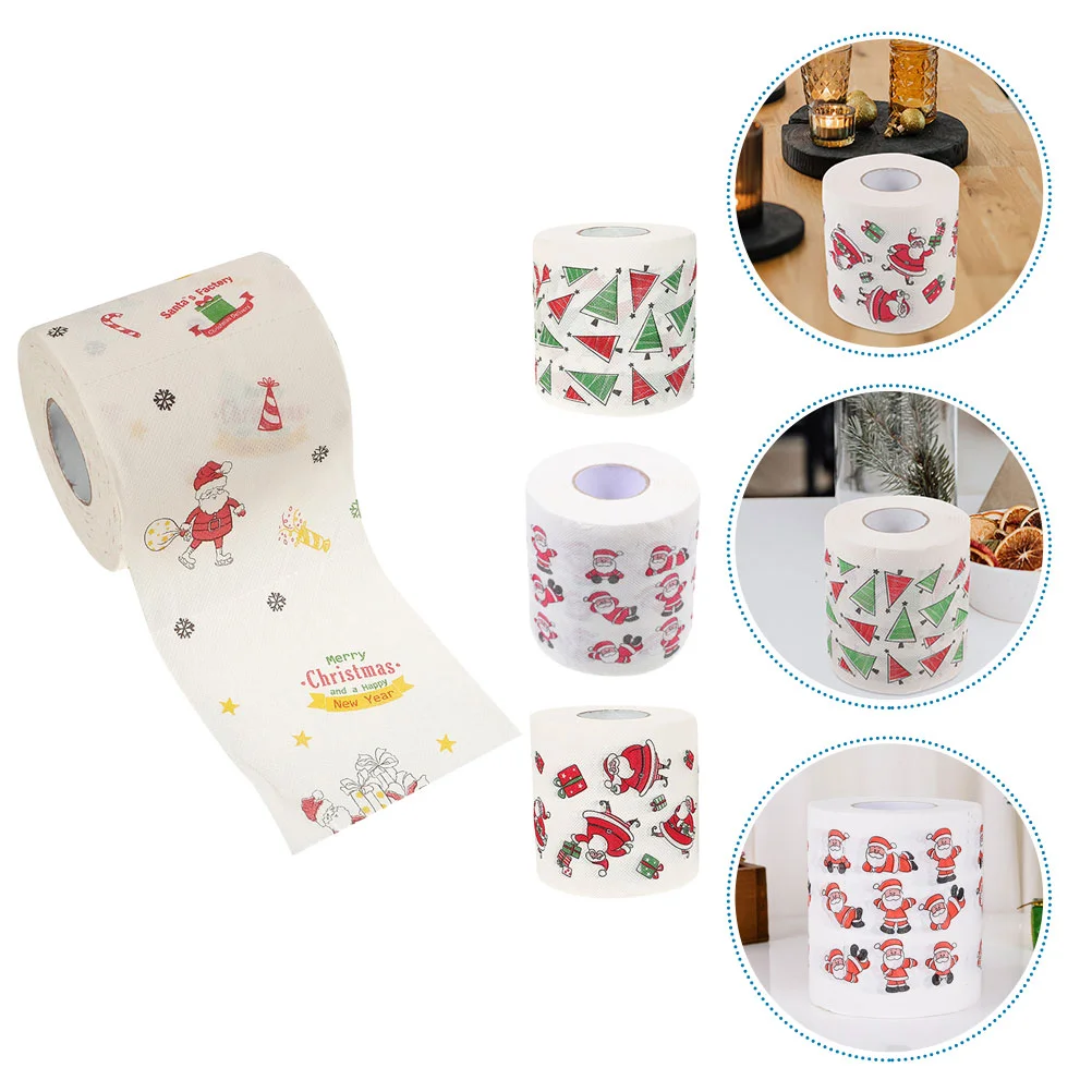 4 Rolls Toilet Tissue Christmas Pattern Paper for Bathroom Xmas Socks Patterns Household Supplies Lunch Napkin