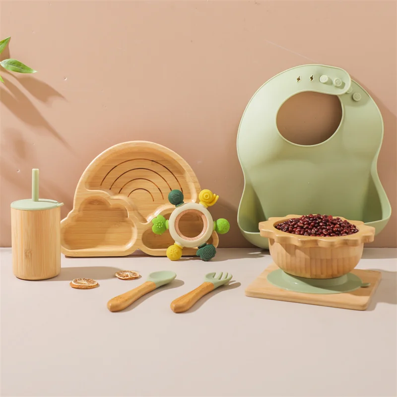 

Baby Bamboo Wooden Tableware Set Clouds Dinner Plate Sun Bowl With Silicone Suction Fork Spoon Cup Baby Dinnerware Feeding Gift