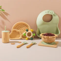 Baby Bamboo Wooden Tableware Set Clouds Dinner Plate Sun Bowl With Silicone Suction Fork Spoon Cup Baby Dinnerware Feeding Gift