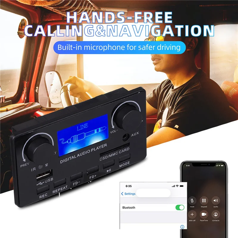 Bluetooth 5.0 MP3-Decoderplatine, unterstützt Freisprechaufzeichnung, FM DC 12 V MP3 WMA WAV APE FLAC Audio-Verstärkerplatine