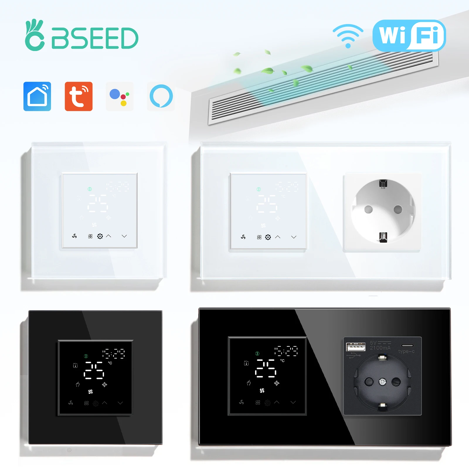 BSEED Tuya WiFi Smart Central Air Conditioning Thermostat Switch Heating Cool 3 Speed Fan Coil Unit Work With Alexa Google Home