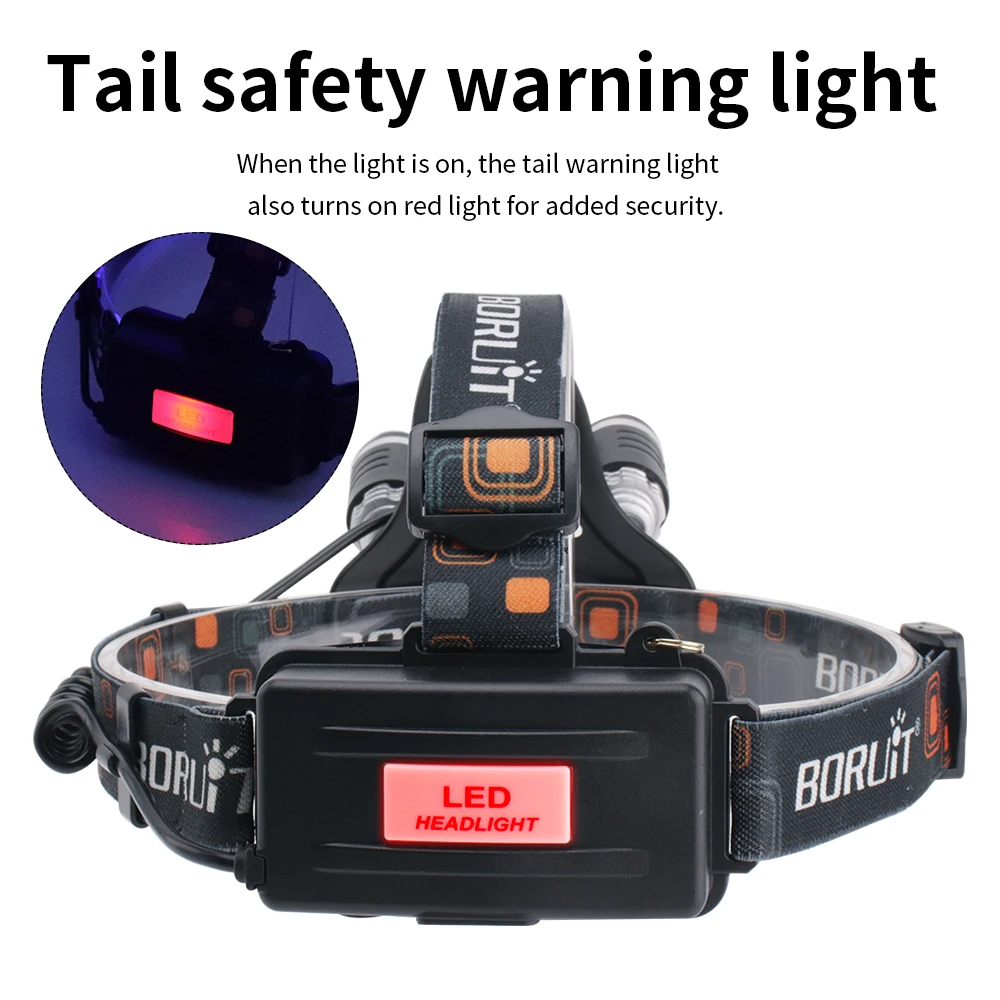 BORUiT RJ-3000 LED Headlamp 3-Modes Waterproof Headlight USB Charger 18650 Head Torch  Outdoor Camping Fishing Emergency Lantern