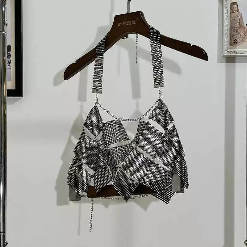 Fashionable And Sexy Diamond Studded Hollow Chain Splicing Rhinestone Irregular Square Piece Tank Top