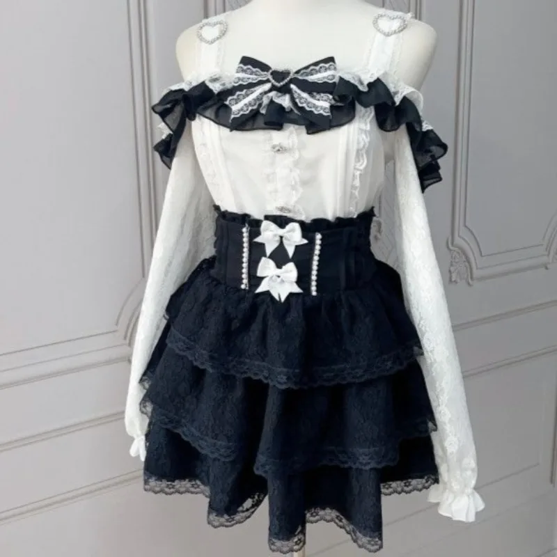 Japanese Sweet Lolita 2 Piece Set Women Bow Ruffle Blouse +  Lace Short Skirt Kawaii Daily Party French Elegant Streetwear 2026