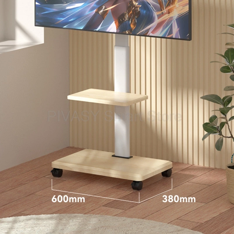 55インチ、65インチ、75インチスクリーン対応 モバイルフロアマウント モダン木製テレビスタンド ローリングカート トレイ付き 360度回転ホイール 省スペース リビングルーム用