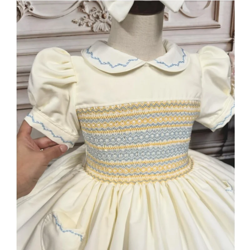 0-12Y Baby Girl Summer Handmade Embroidery Smocked Beige Dress for Eid Birthday Photography Party Holiday  Casual A214
