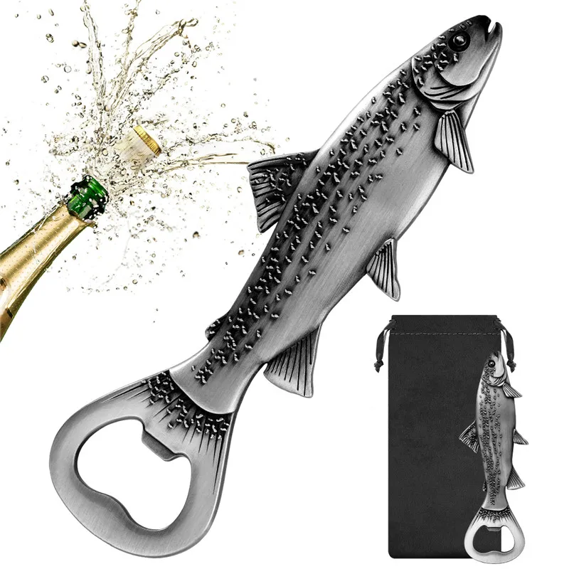 Unique Trout Design Metal Beer Openers Bottle Can Opener Corkscrew for Kitchen Club Party Wedding Barware Accessory Gift Bag