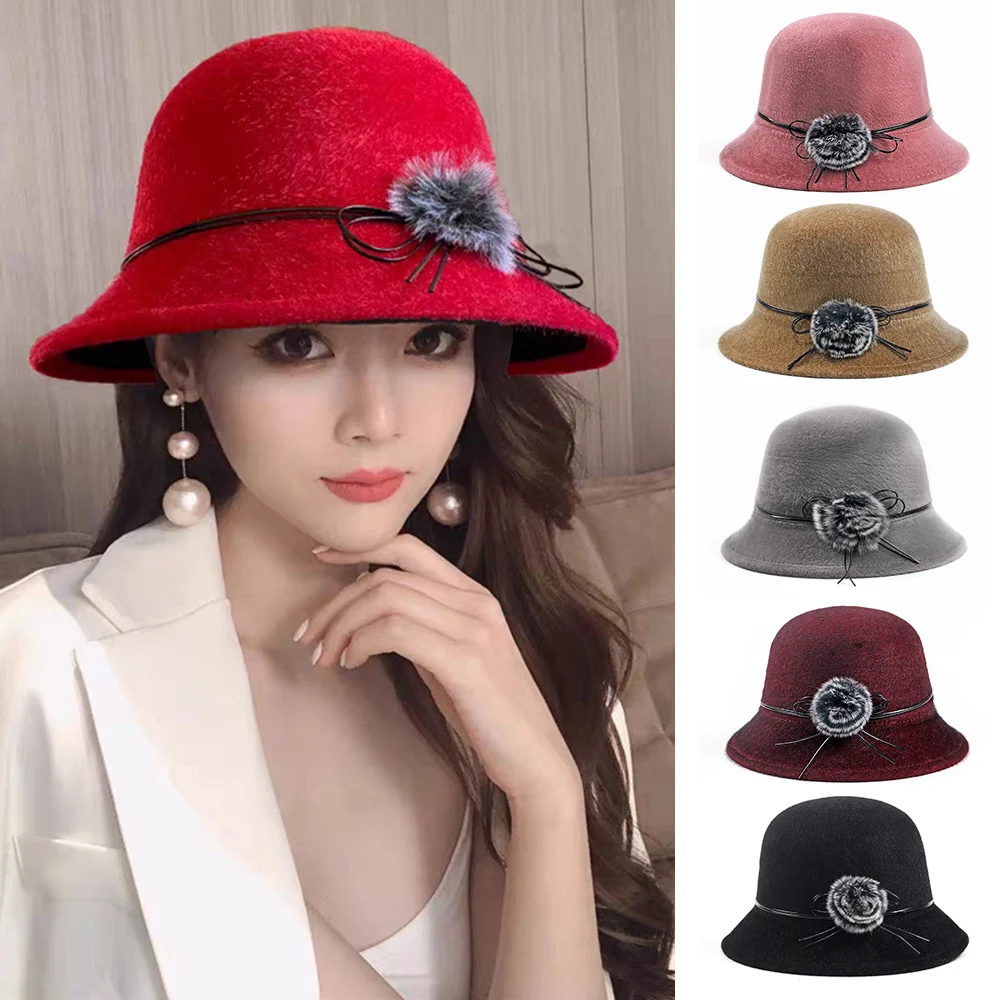 Vintage Women Bucket Cap Solid Bow Woolen Felt Fedoras Hat Female Winter Autumn Ladies Dome Felt Wedding Church Jazz Caps Bowler