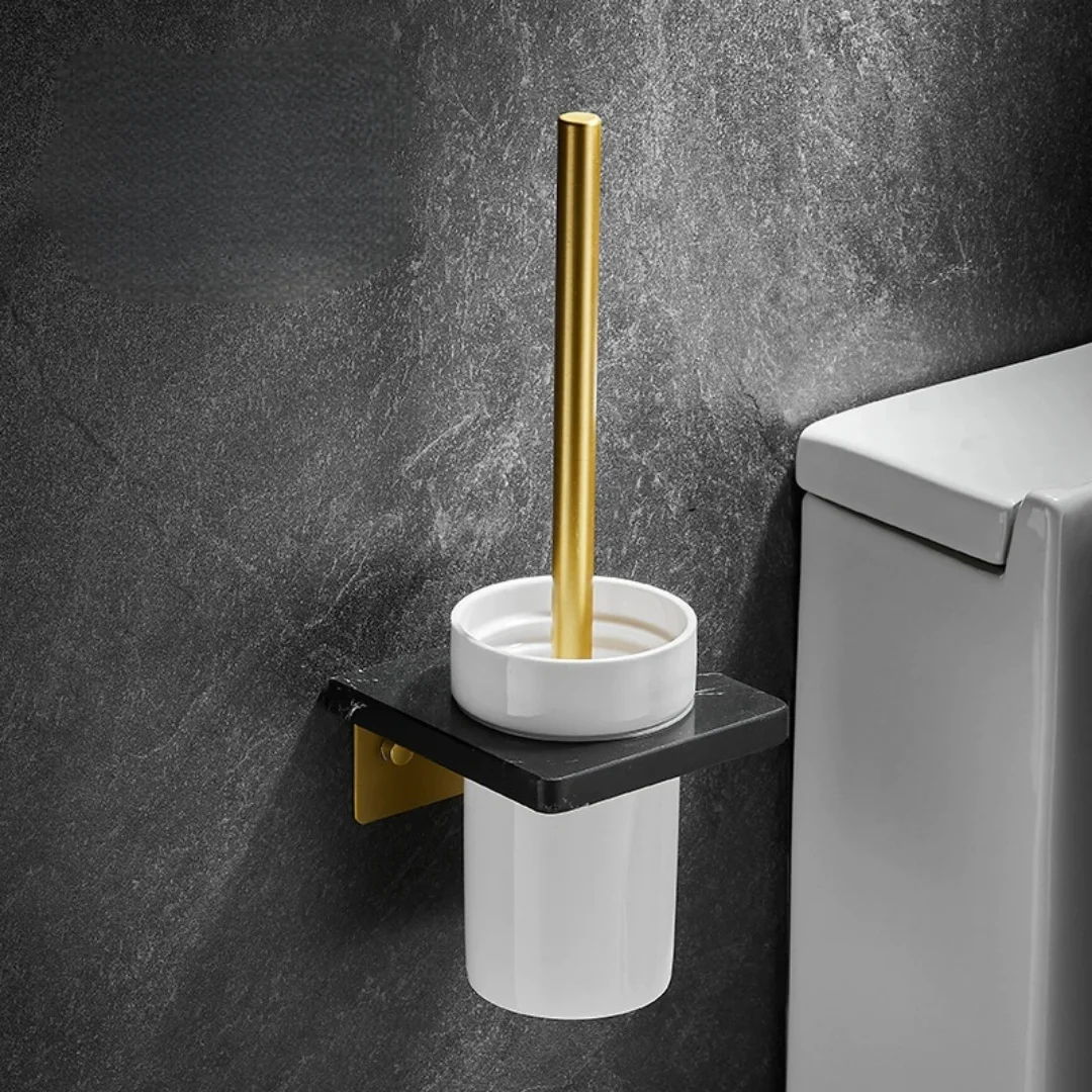 Portascopino Wc In Marmo Bianco Oro Spazzolato Con Spazzola, Set Portascopino Da Parete Per Pulizia Bagno