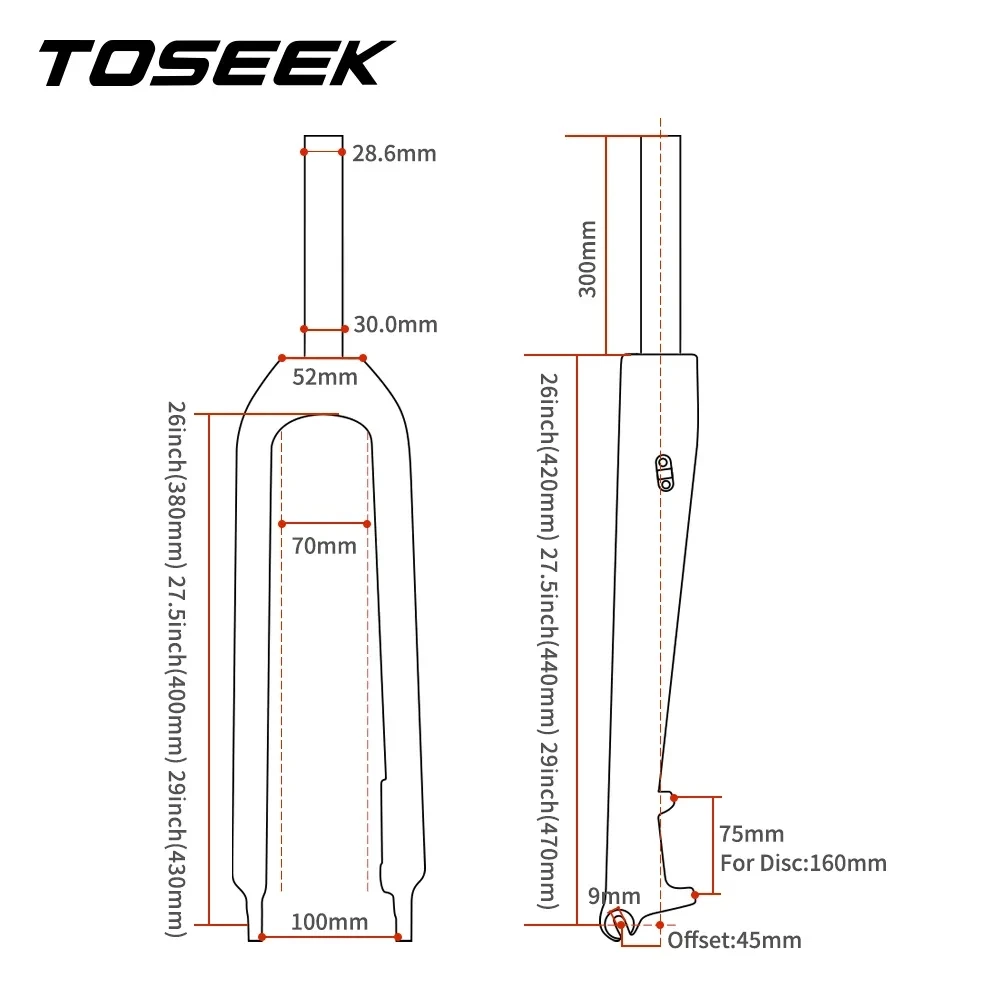 TOSEEK-Carbon Front Fork Fit for Wheel 26, 27.5er,29er, Orange, Red, White, Black, Blue, Green, Mountain Bike