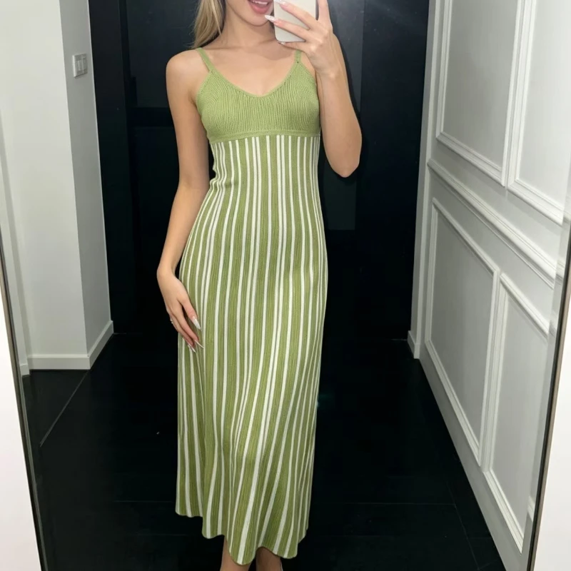 V Neck Vertical Striped Knit Maxi Dress Women Black Sleeveless A-Line Long Dress Summer Outfit For Party Vacation Casual